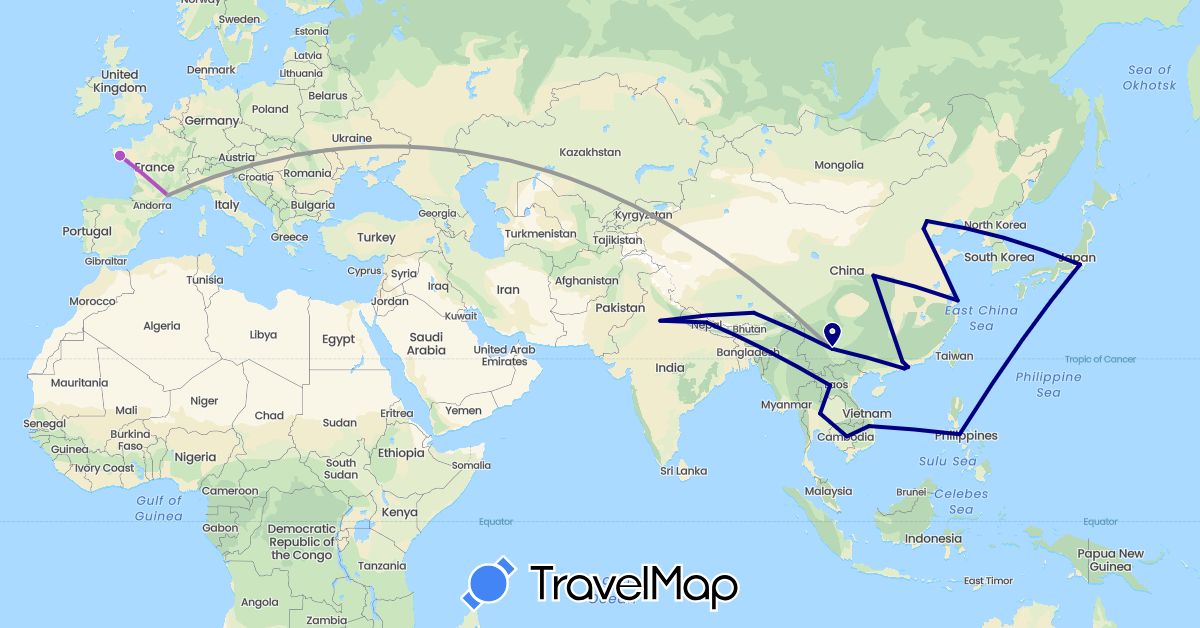 TravelMap itinerary: driving, plane, train in China, France, Hong Kong, India, Japan, Cambodia, Laos, Macau, Nepal, Philippines, Thailand, Vietnam (Asia, Europe)